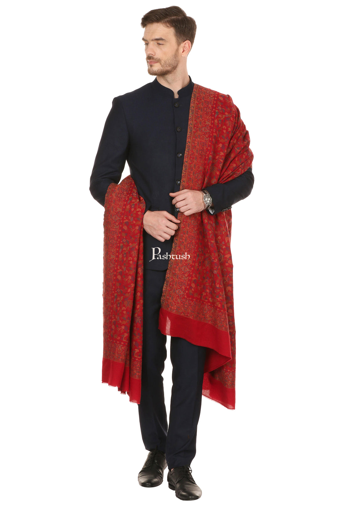 Pashtush India Mens Shawls Gents Shawl Pashtush Mens Ethnic Shawl, Mens Lohi, Full Size, Fine Wool, Maroon