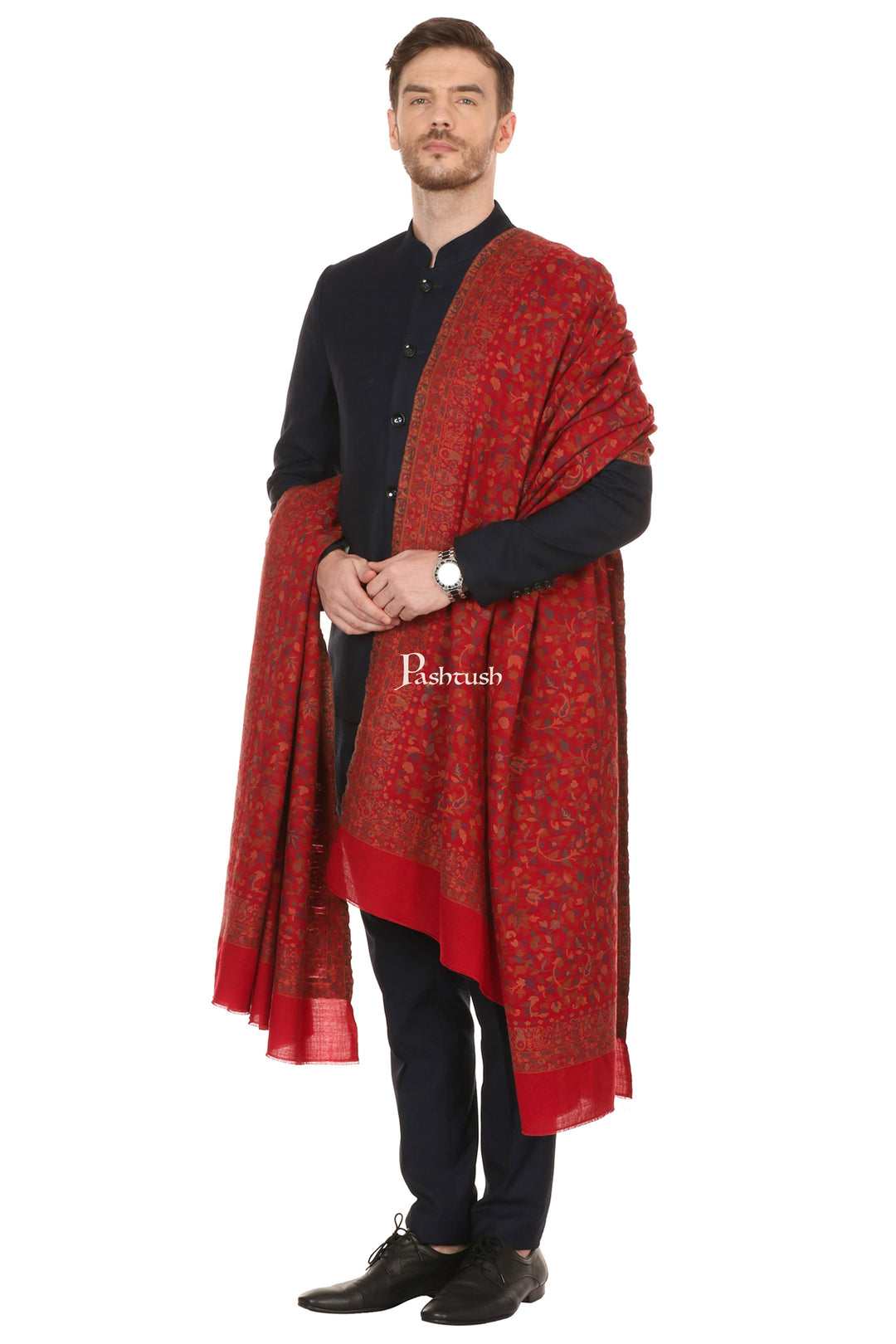 Pashtush India Mens Shawls Gents Shawl Pashtush Mens Ethnic Shawl, Mens Lohi, Full Size, Fine Wool, Maroon