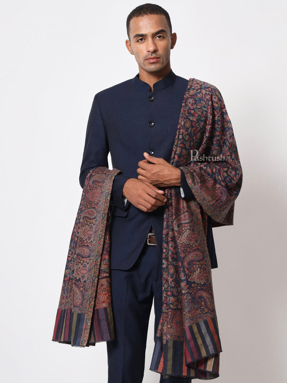 Pashtush India Mens Shawls Gents Shawl Pashtush Mens Ethnic Shawl, Mens Lohi, Full Size, Fine Wool, Navy Blue