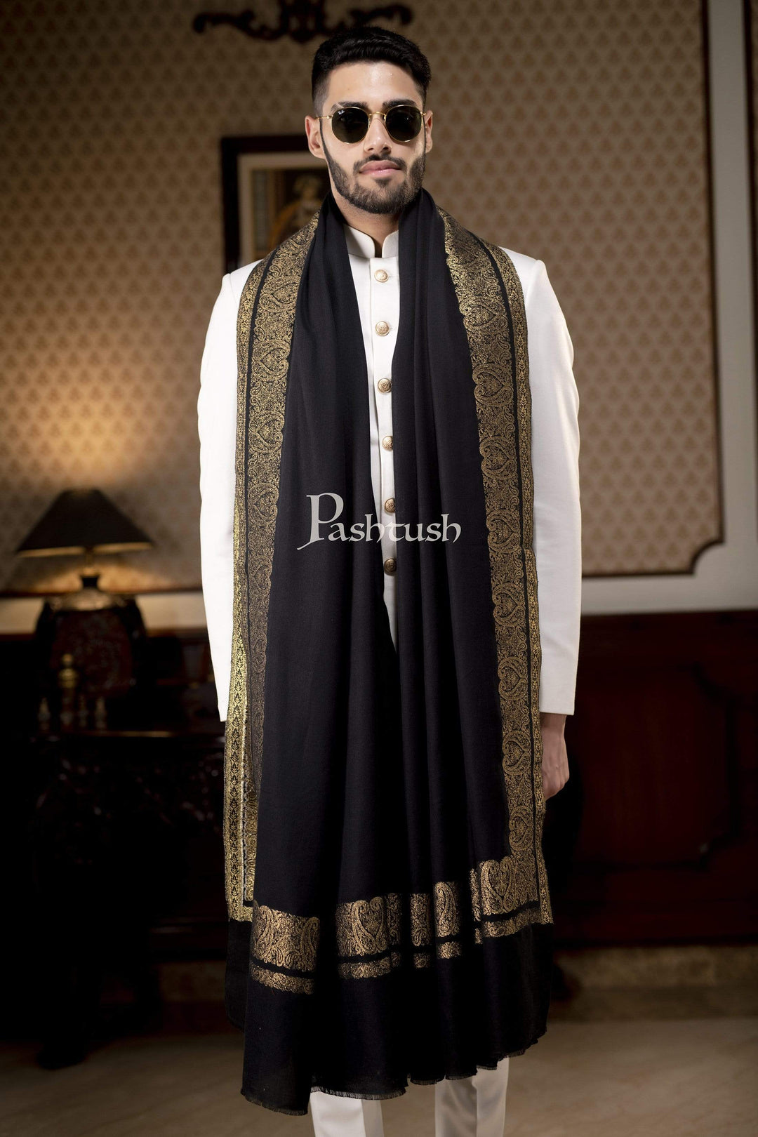 Pashtush India Gift Pack Pashtush Mens Extra Fine Count Wool Shawl, Metallic Tilla Border Weave, Full Size