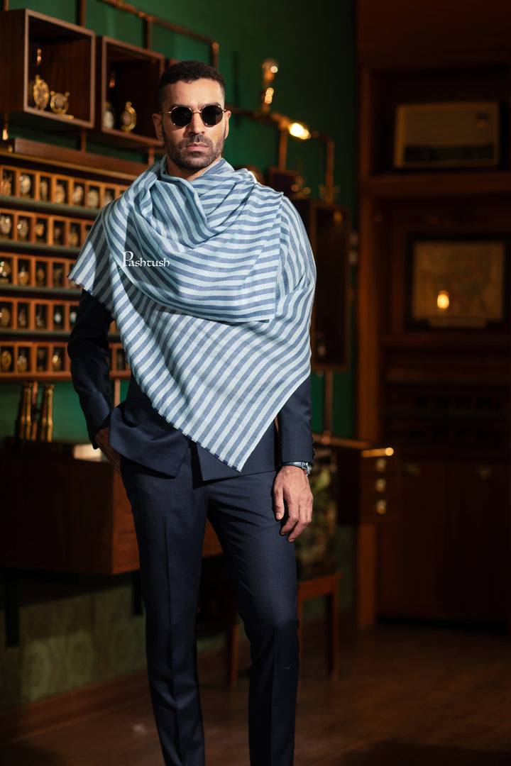 Pashtush India Mens Scarves Stoles and Mufflers Pashtush Mens Extra Fine Silk Wool Stole, Striped Weave, Blue