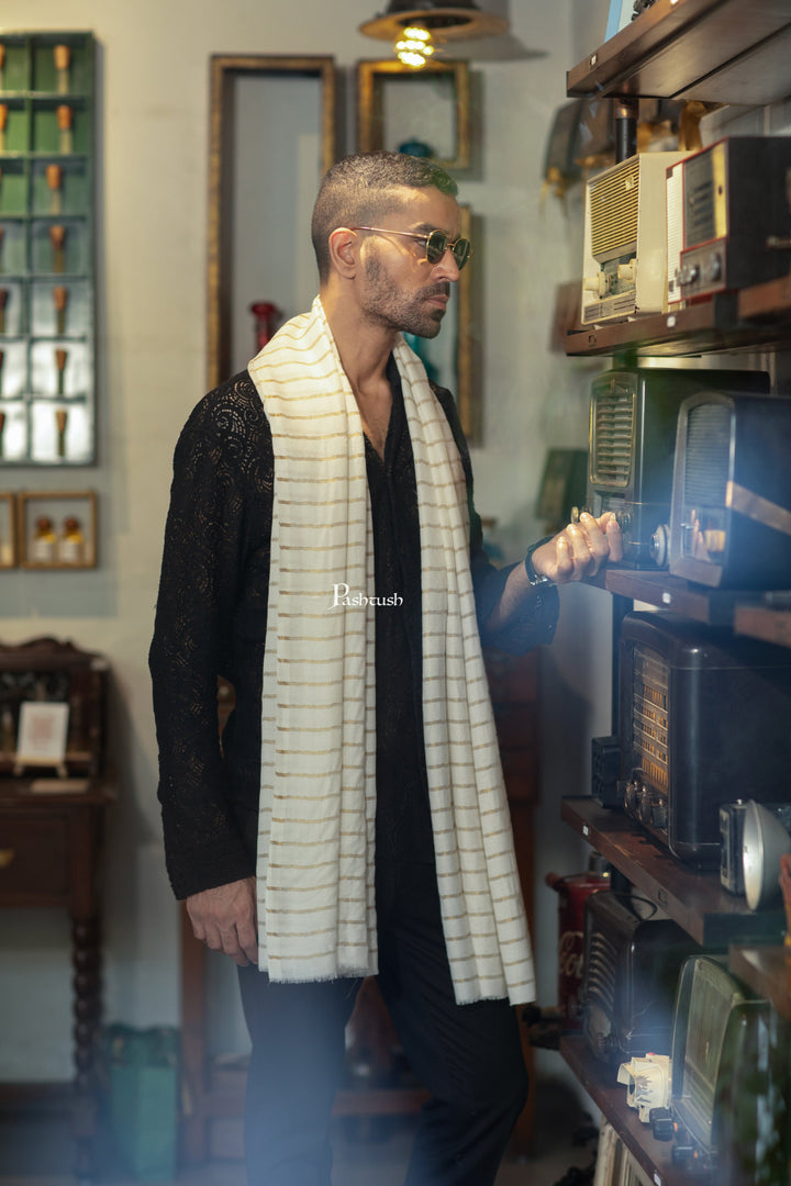 Pashtush India Mens Scarves Stoles and Mufflers Pashtush Mens  Extra Fine Woo; Stole, Stripe With Zari  Design, Ivory