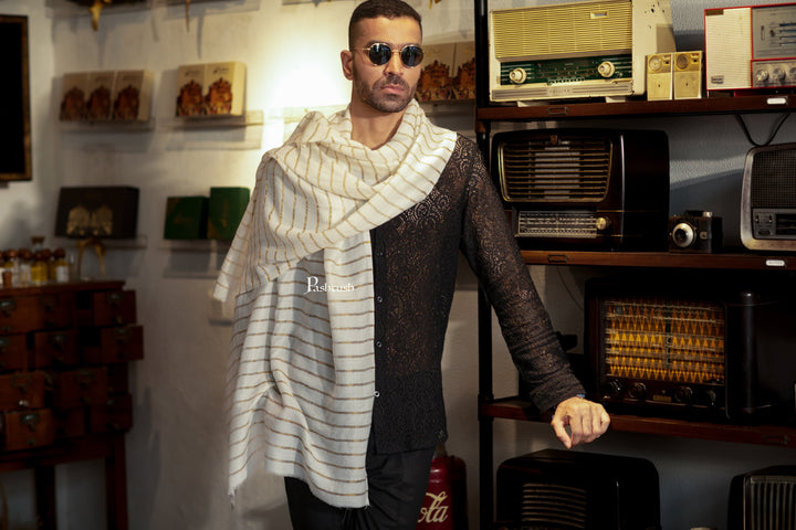 Pashtush India Mens Scarves Stoles and Mufflers Pashtush Mens  Extra Fine Woo; Stole, Stripe With Zari  Design, Ivory