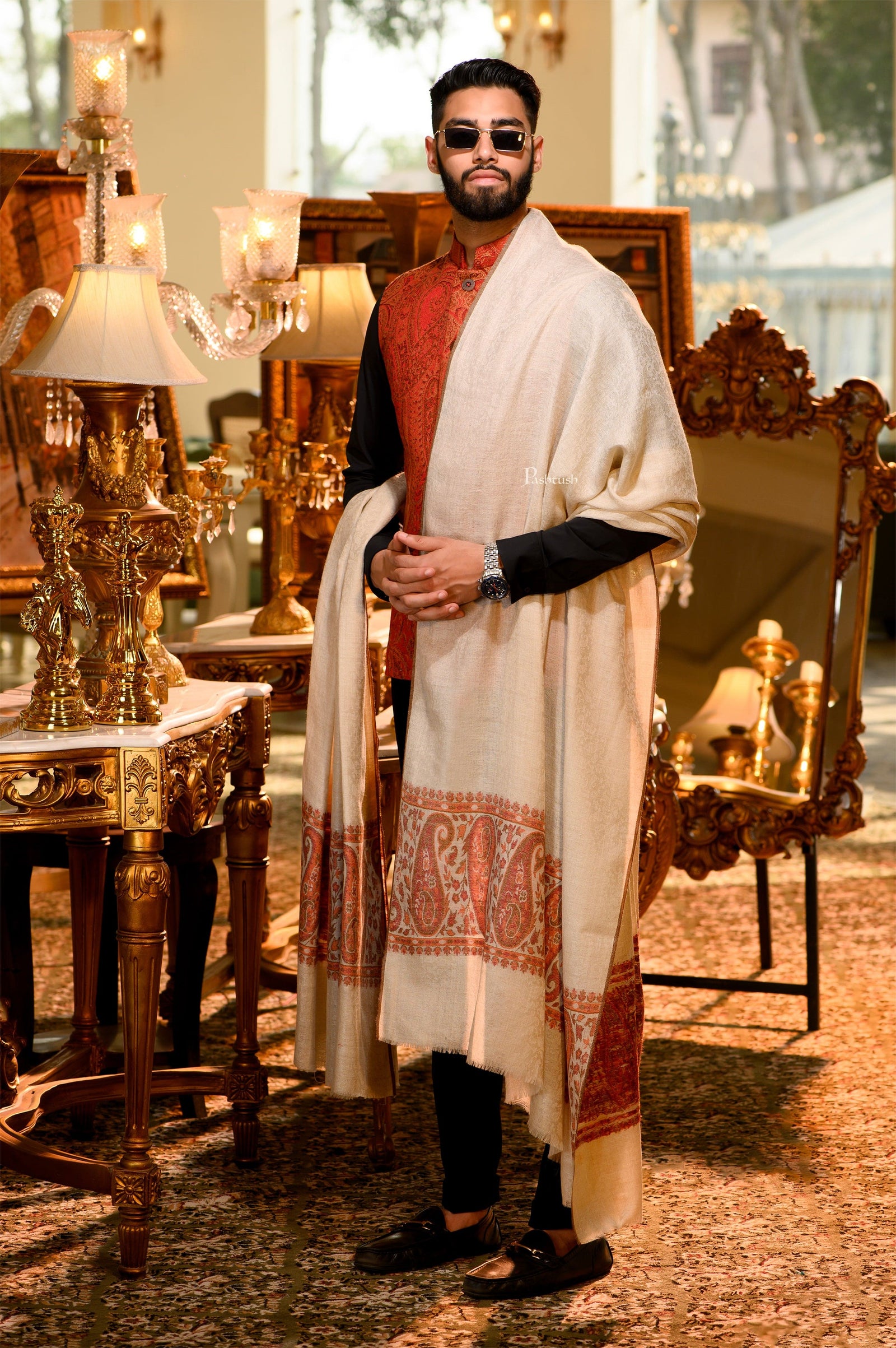 Pashtush India Mens Shawls Gents Shawl Pashtush Mens Extra Fine Wool Ethnic Shawl, Mens Lohi, Full Size, Light Beige