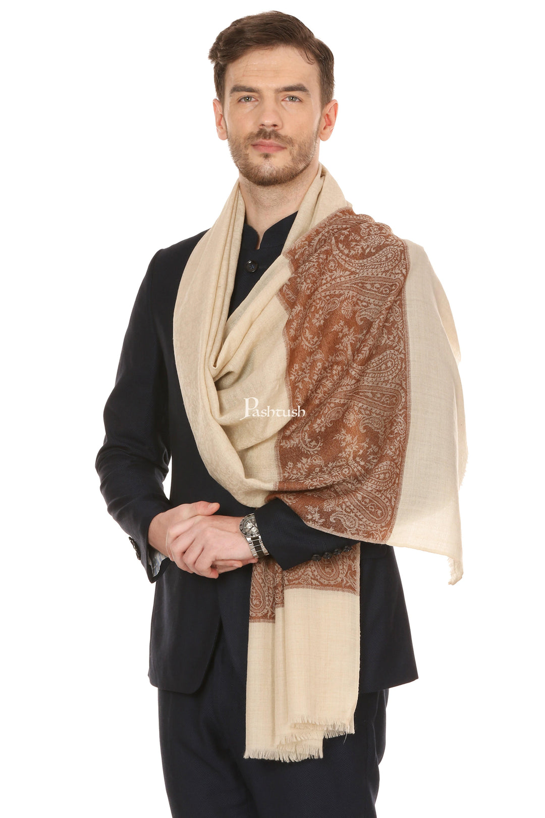 Pashtush India Mens Scarves Stoles and Mufflers Pashtush Mens Extra Fine Wool Jacquard Stole, Beige