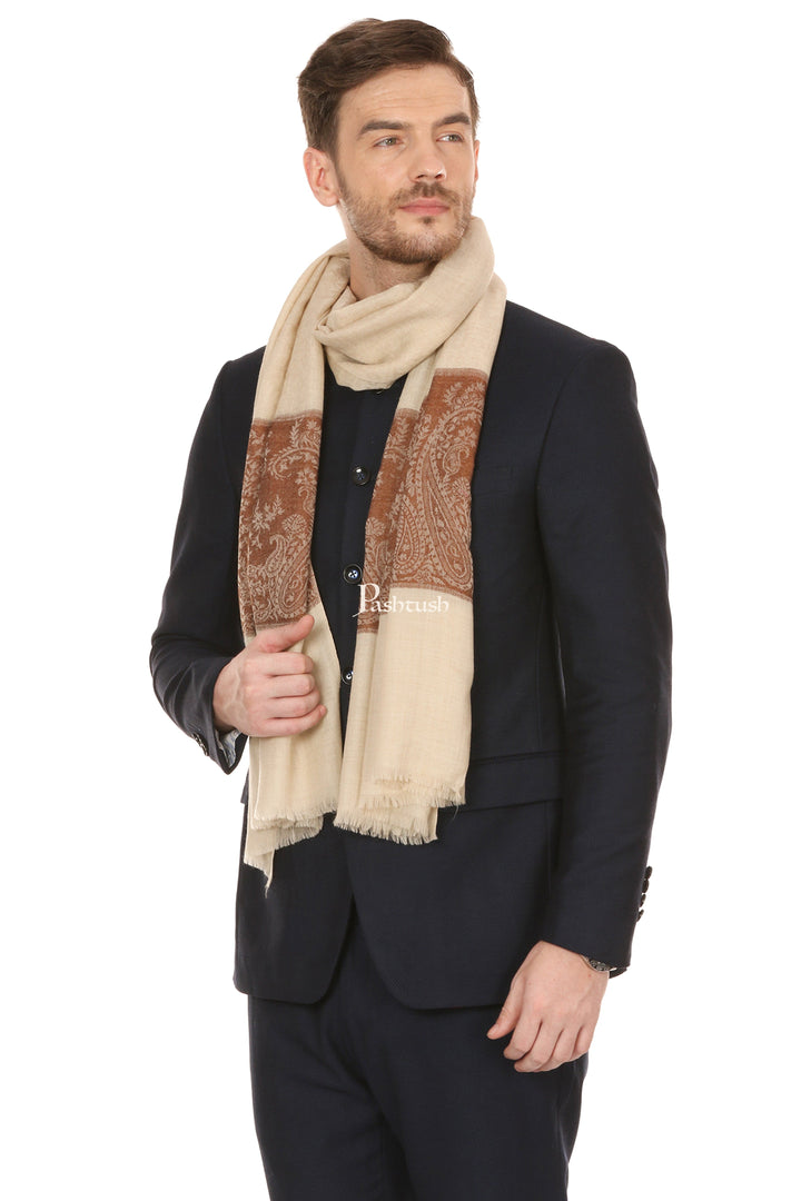 Pashtush India Mens Scarves Stoles and Mufflers Pashtush Mens Extra Fine Wool Jacquard Stole, Beige