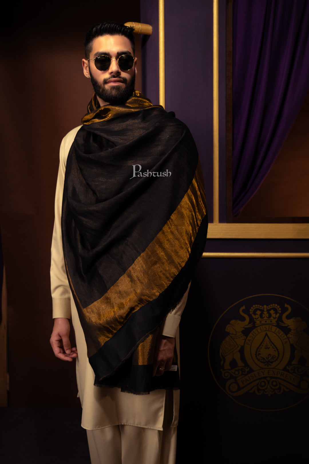 Pashtush India Mens Scarves Stoles and Mufflers Pashtush Mens Extra Fine Wool Shawl, Border Twilight Collection Design, Black