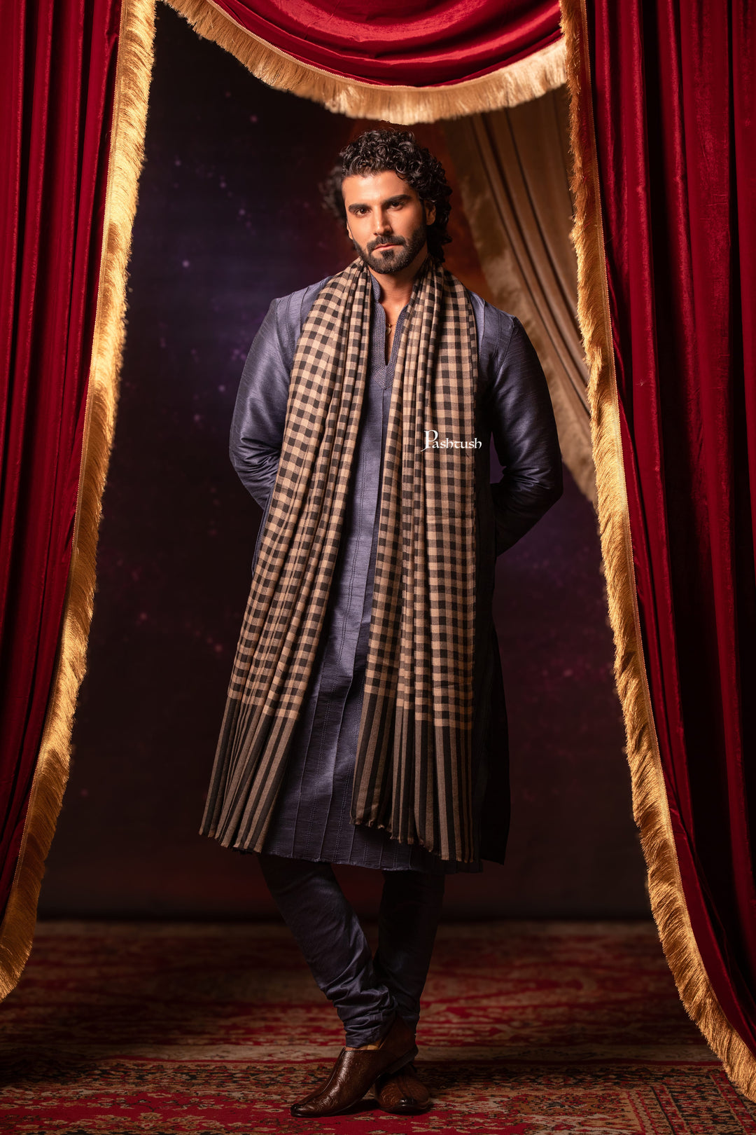Pashtush India Mens Shawls Gents Shawl Pashtush Mens Extra Fine Wool Shawl, Checkerd Design, Black