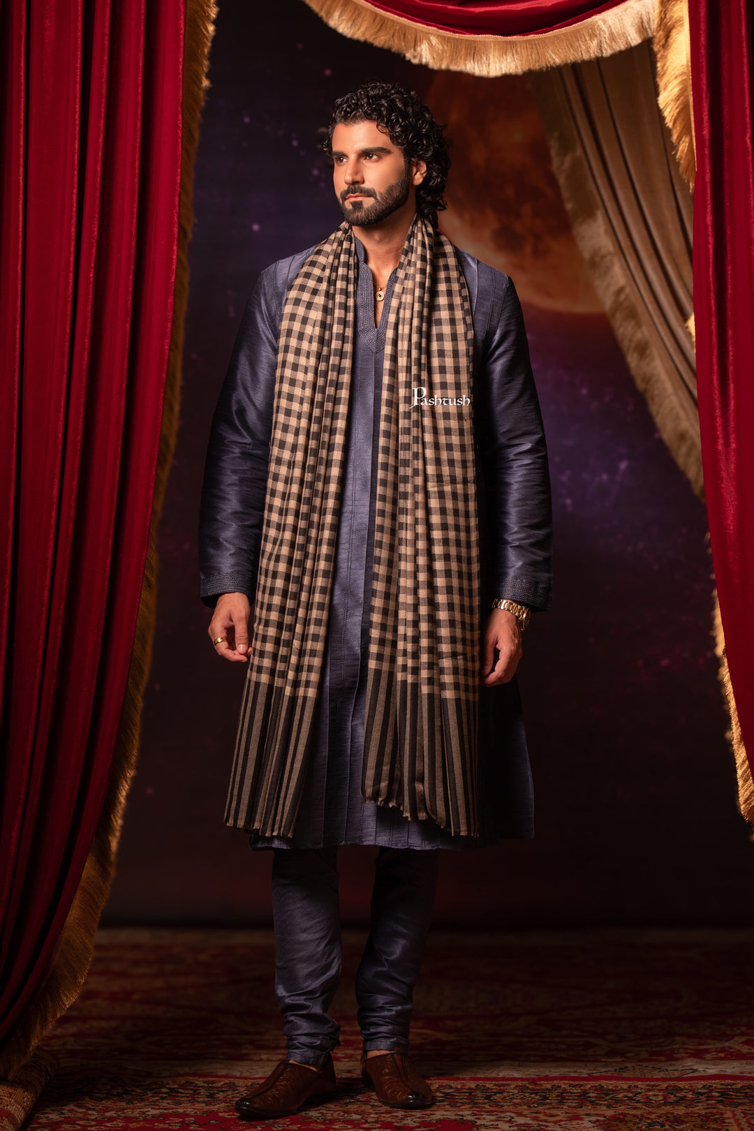 Pashtush India Mens Shawls Gents Shawl Pashtush Mens Extra Fine Wool Shawl, Checkerd Design, Black