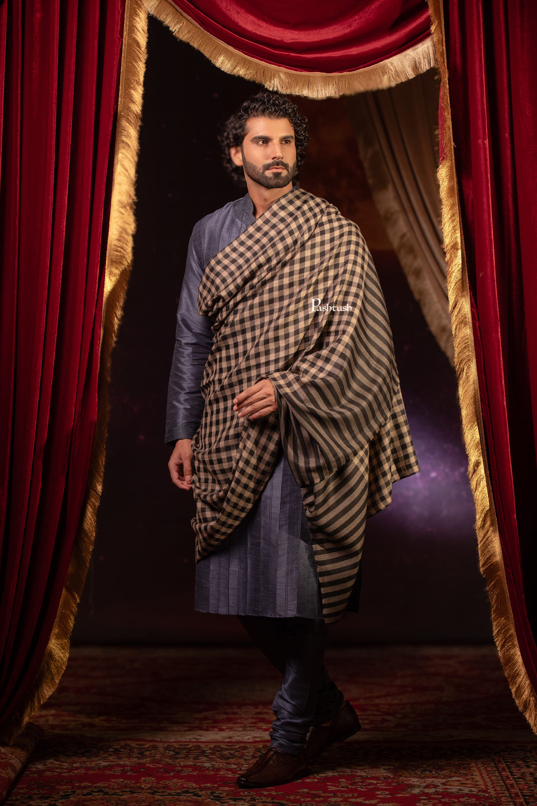 Pashtush India Mens Shawls Gents Shawl Pashtush Mens Extra Fine Wool Shawl, Checkerd Design, Black