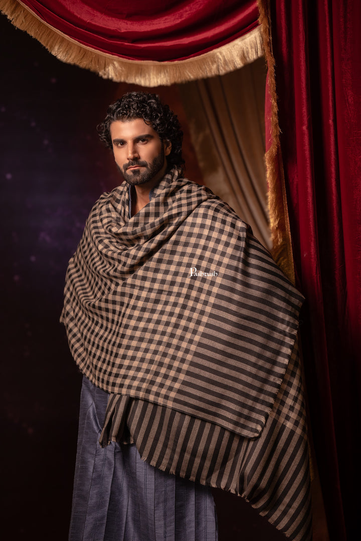 Pashtush India Mens Shawls Gents Shawl Pashtush Mens Extra Fine Wool Shawl, Checkerd Design, Black