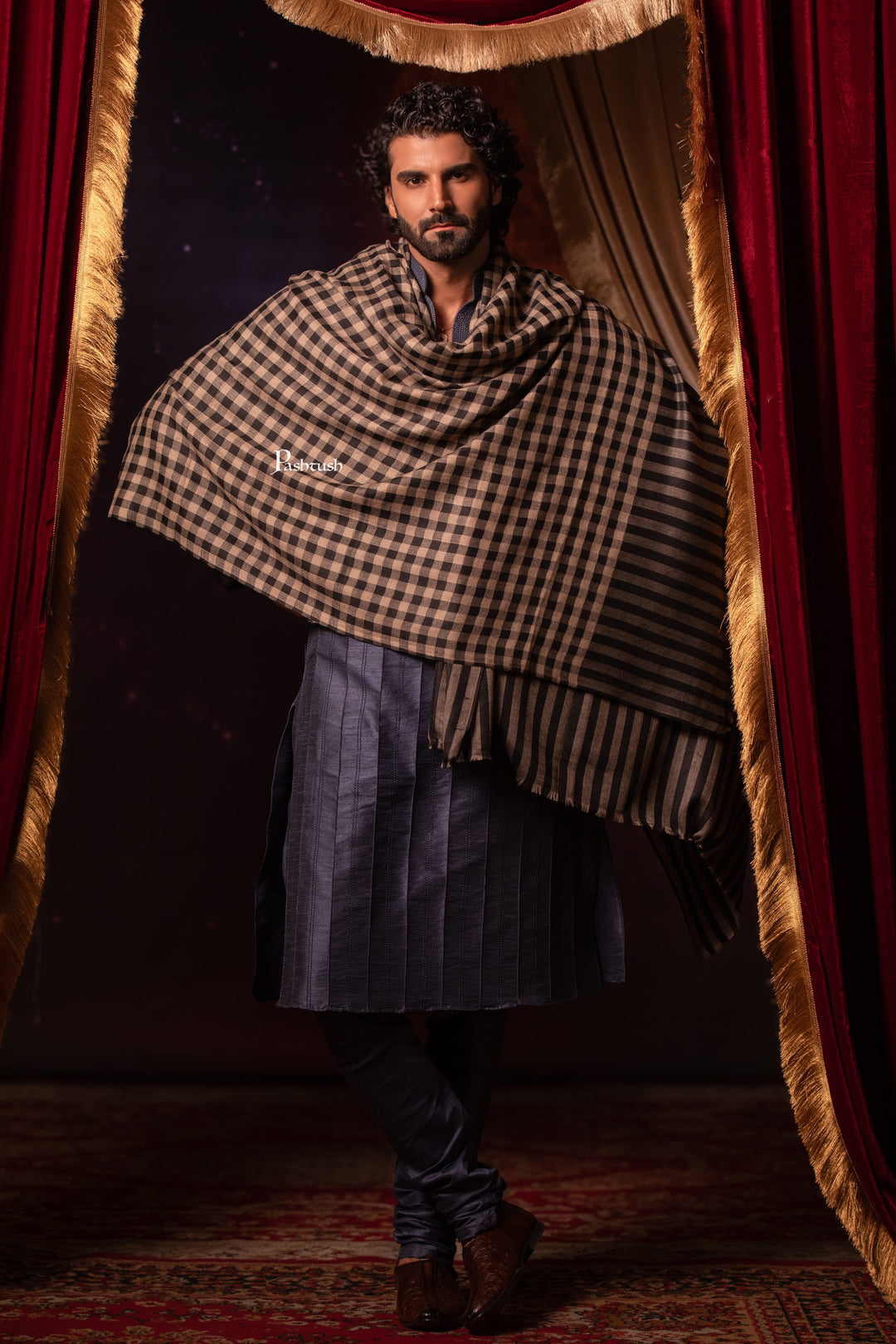 Pashtush India Mens Shawls Gents Shawl Pashtush Mens Extra Fine Wool Shawl, Checkerd Design, Black