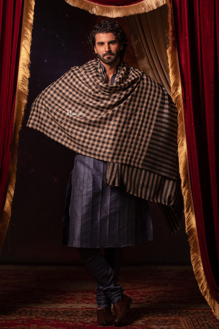 Pashtush India Mens Shawls Gents Shawl Pashtush Mens Extra Fine Wool Shawl, Checkerd Design, Black