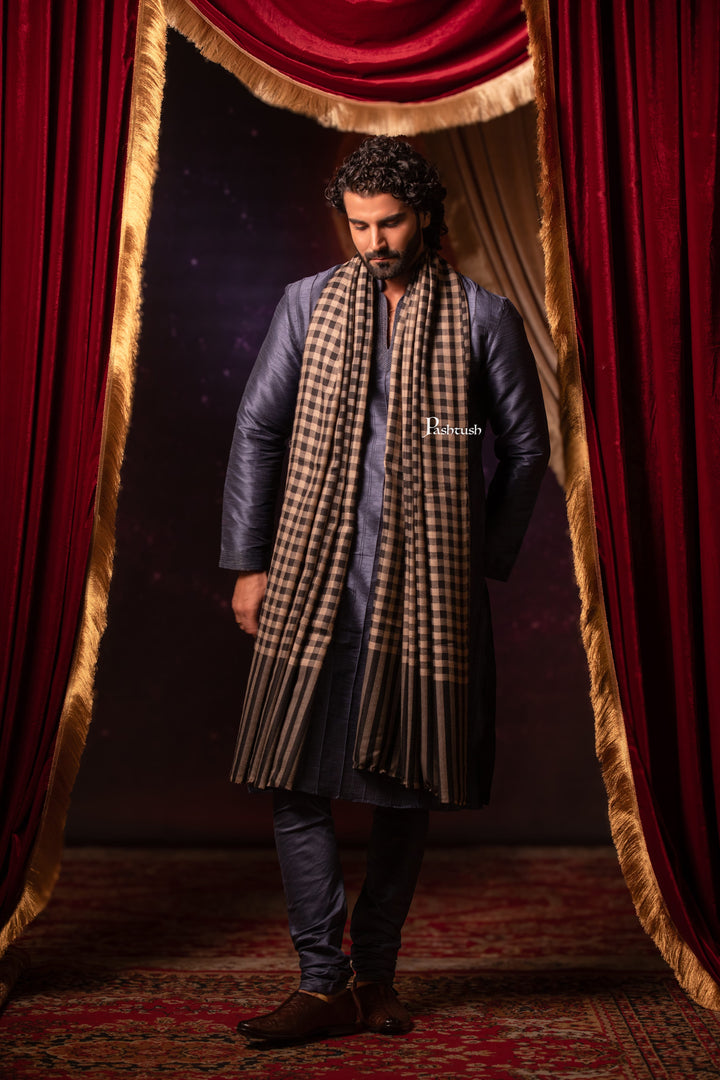 Pashtush India Mens Shawls Gents Shawl Pashtush Mens Extra Fine Wool Shawl, Checkerd Design, Black