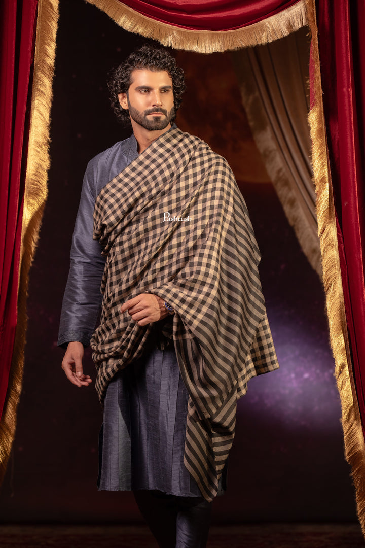 Pashtush India Mens Shawls Gents Shawl Pashtush Mens Extra Fine Wool Shawl, Checkerd Design, Black