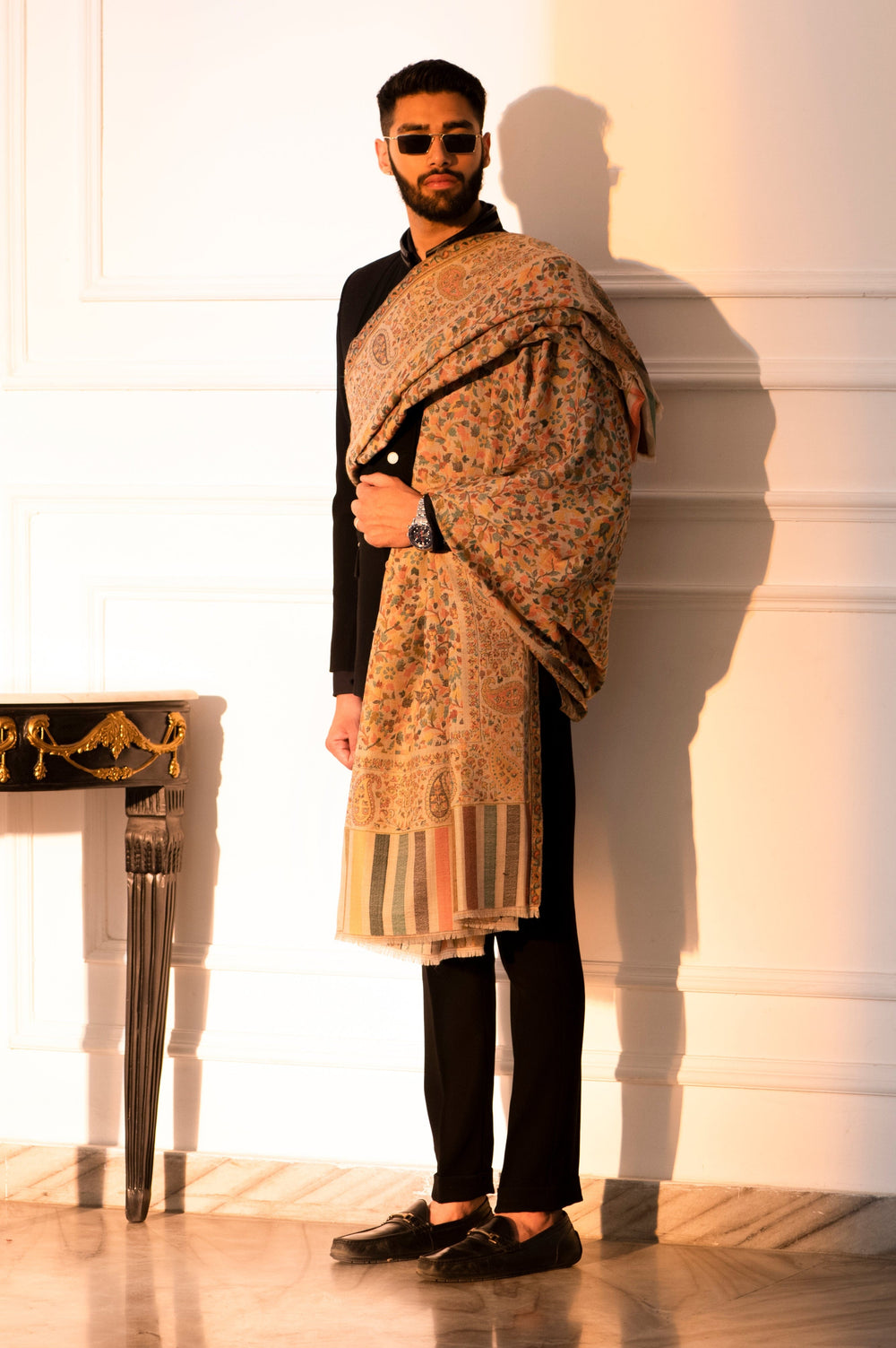Pashtush India Mens Shawls Gents Shawl Pashtush Mens Extra Fine Wool Shawl, Ethnic Design, Lohi, Full Size, Beige