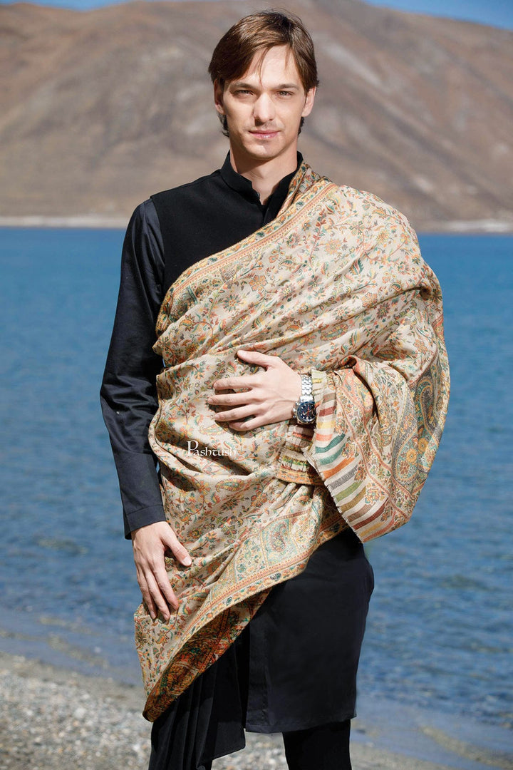 Pashtush India Mens Shawls Gents Shawl Pashtush Mens Extra Fine Wool Shawl, Ethnic Weave Design, Beige