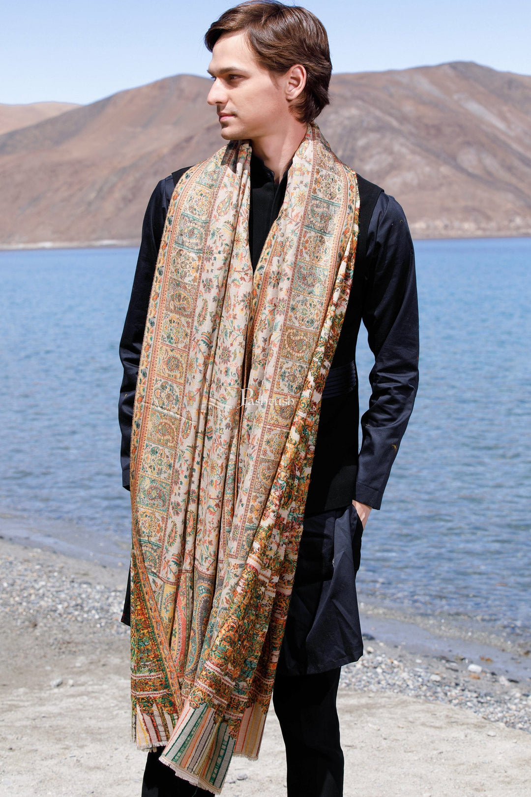 Pashtush India Mens Shawls Gents Shawl Pashtush Mens Extra Fine Wool Shawl, Ethnic Weave Design, Beige