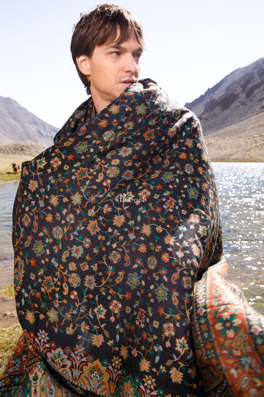 Pashtush India Mens Shawls Gents Shawl Pashtush Mens Extra Fine Wool Shawl, Ethnic Weave Design, Black
