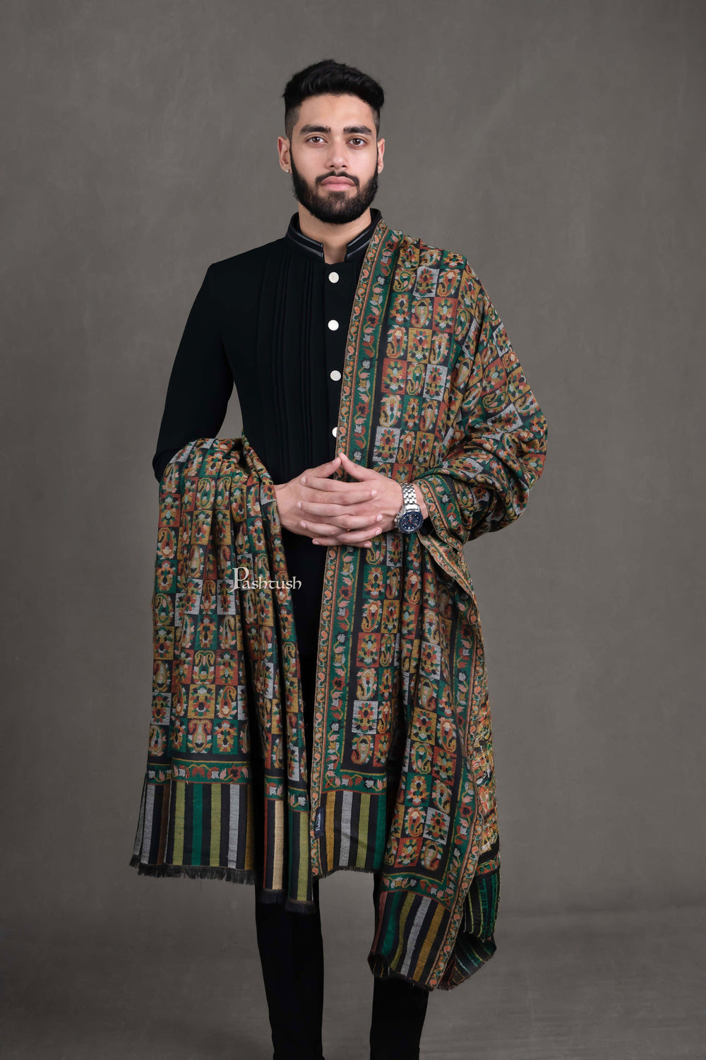 Pashtush India Mens Shawls Gents Shawl Pashtush Mens Extra Fine Wool Shawl, Ethnic Weave Full Size Design, Black