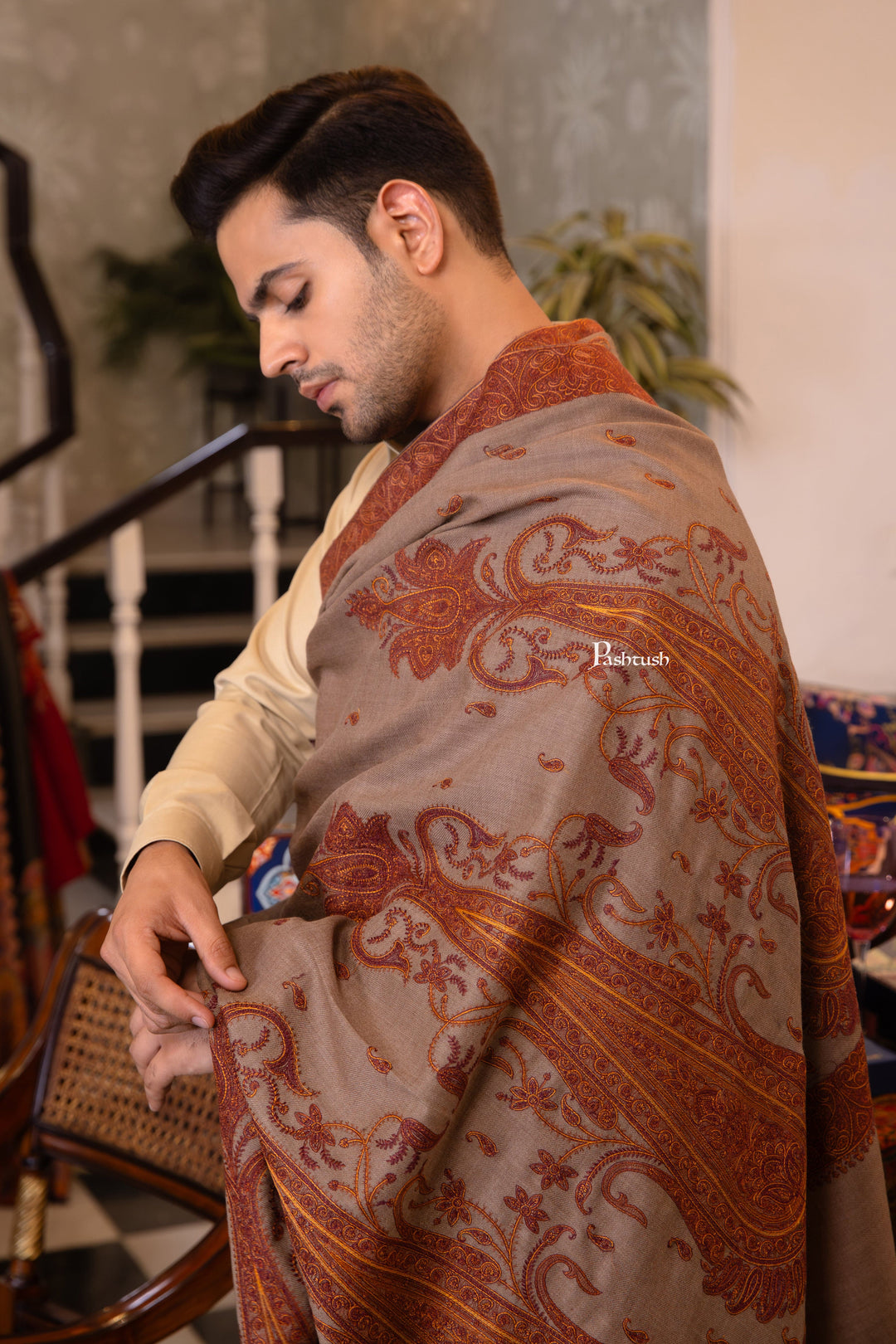 Pashtush India Mens Shawls Gents Shawl Pashtush Mens Extra Fine Wool Shawl, Heavy Embroidery Design, Taupe