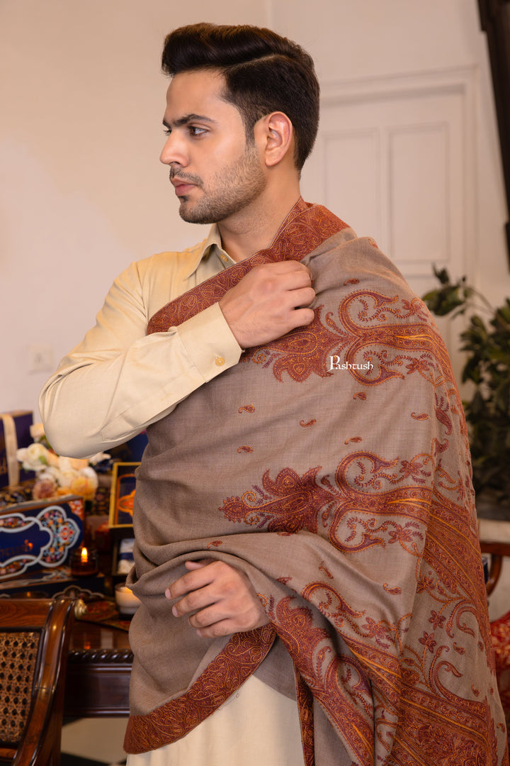 Pashtush India Mens Shawls Gents Shawl Pashtush Mens Extra Fine Wool Shawl, Heavy Embroidery Design, Taupe