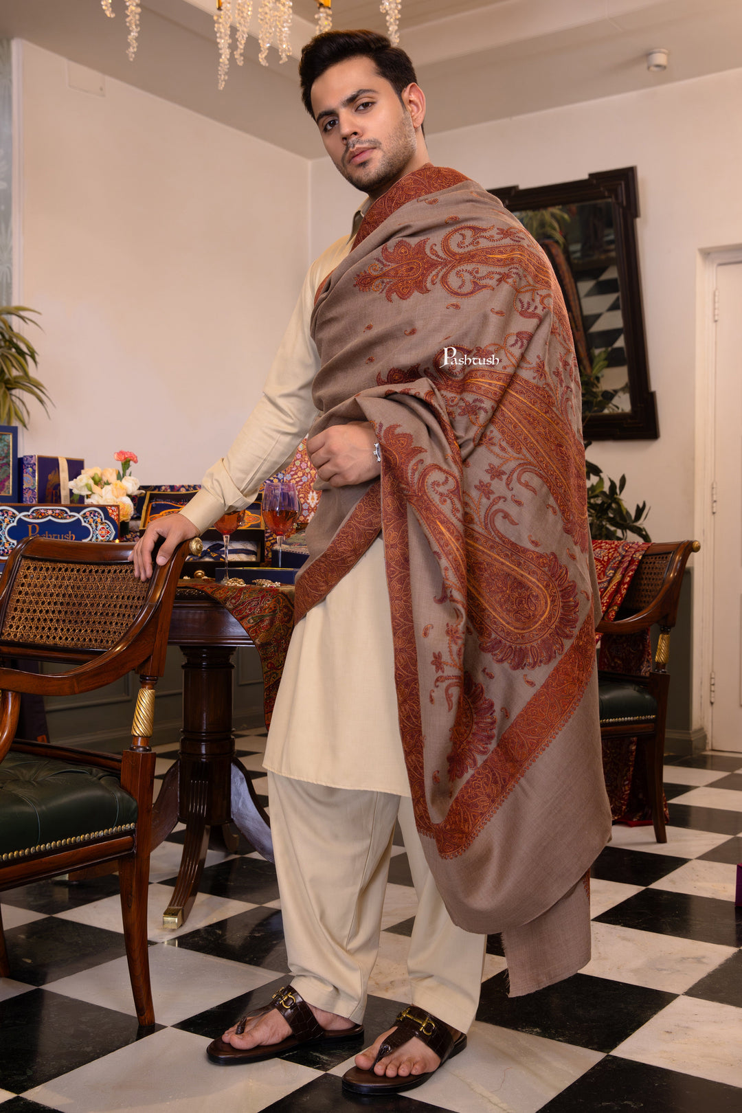 Pashtush India Mens Shawls Gents Shawl Pashtush Mens Extra Fine Wool Shawl, Heavy Embroidery Design, Taupe