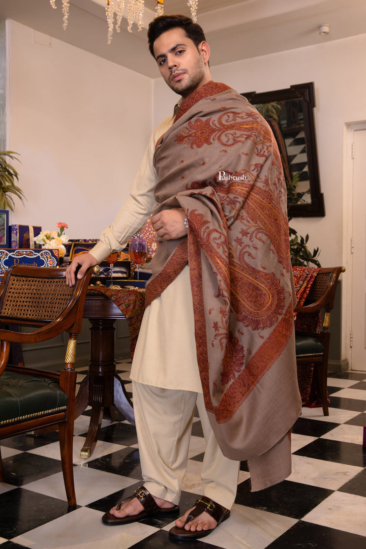 Pashtush India Mens Shawls Gents Shawl Pashtush Mens Extra Fine Wool Shawl, Heavy Embroidery Design, Taupe