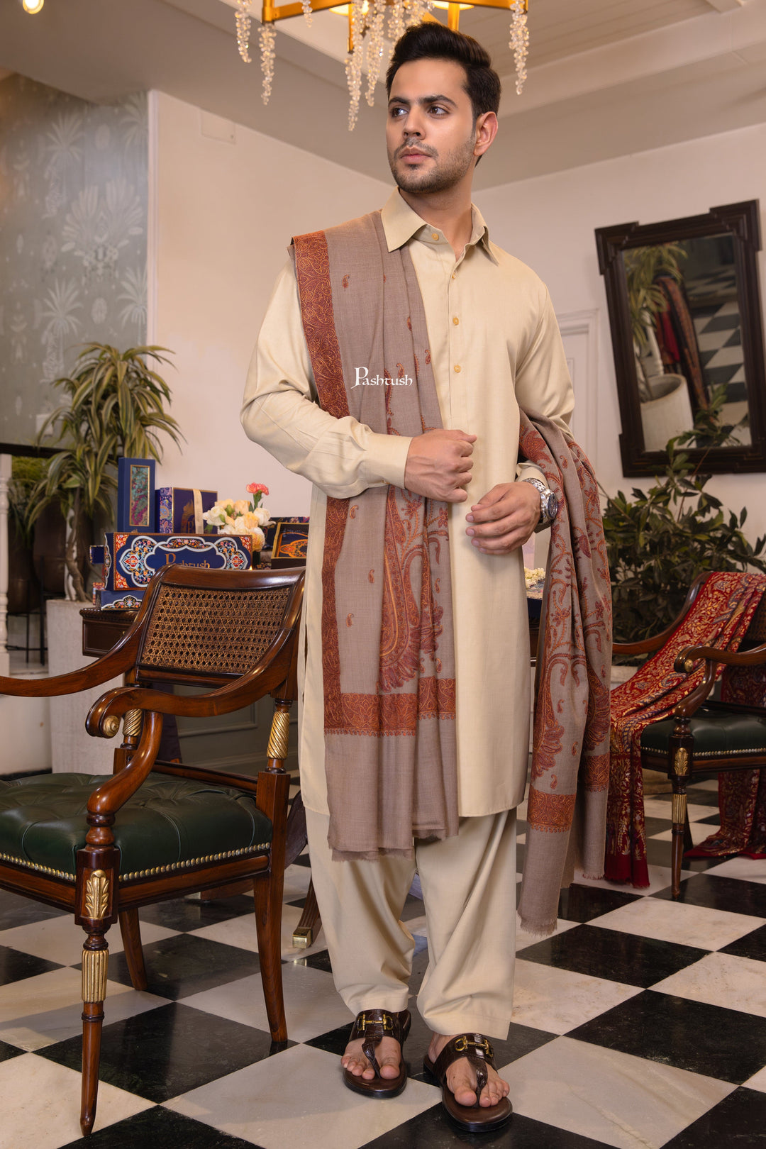 Pashtush India Mens Shawls Gents Shawl Pashtush Mens Extra Fine Wool Shawl, Heavy Embroidery Design, Taupe