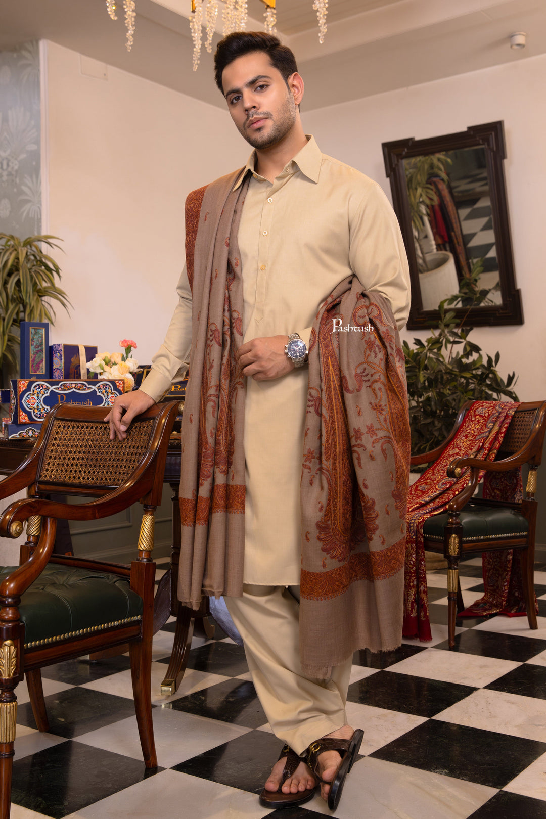 Pashtush India Mens Shawls Gents Shawl Pashtush Mens Extra Fine Wool Shawl, Heavy Embroidery Design, Taupe