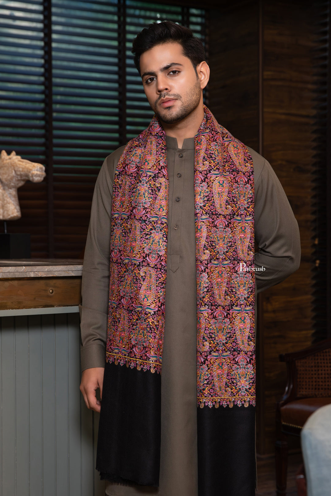 Pashtush India Mens Scarves Stoles and Mufflers Pashtush Mens Extra Fine Wool Shawl, Nalki Embroidery  Design, Black