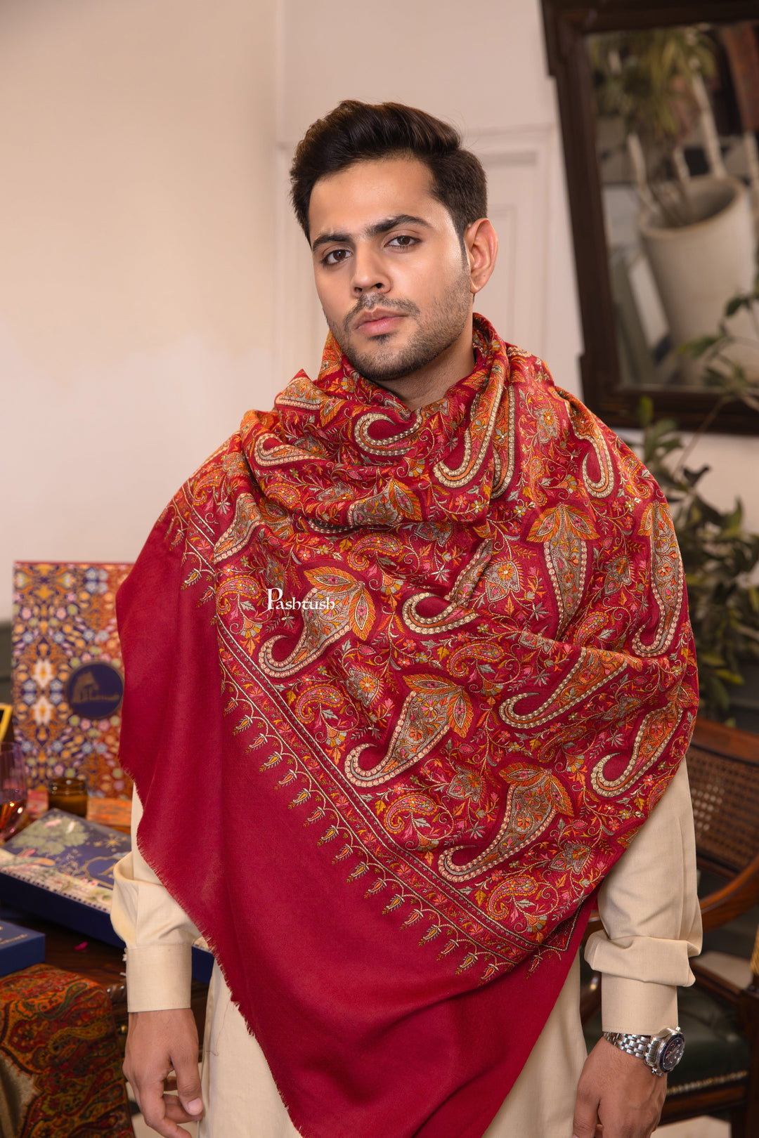 Pashtush India Mens Shawls Gents Shawl Pashtush Mens Extra Fine Wool Shawl, Paisley Design, Maroon