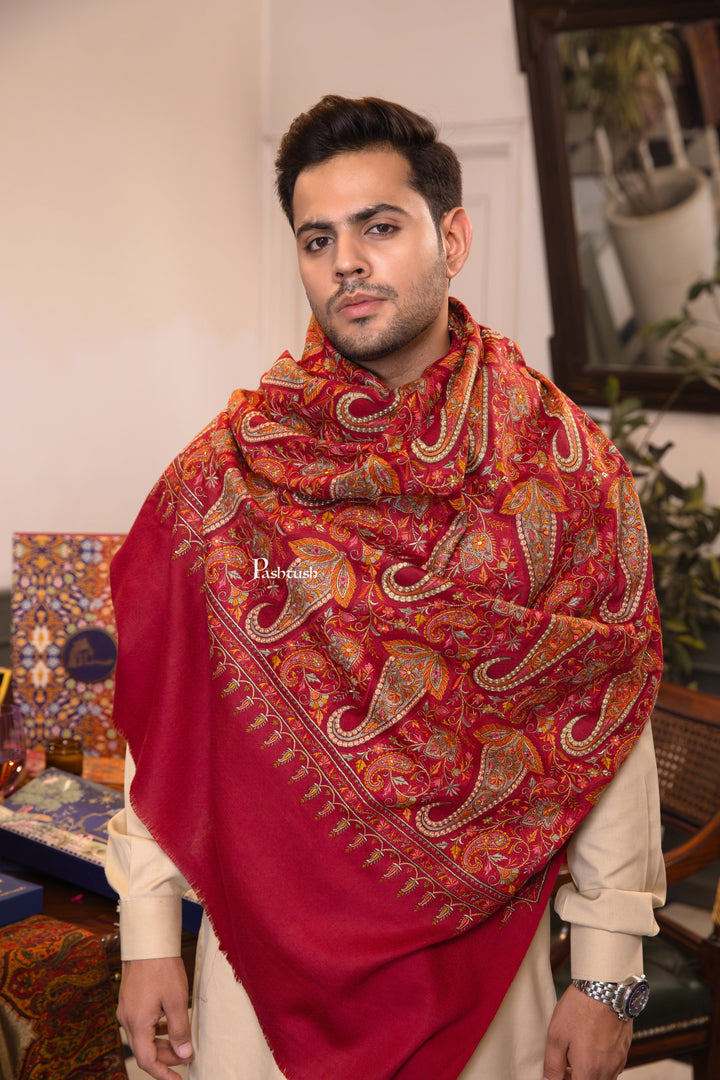 Pashtush India Mens Shawls Gents Shawl Pashtush Mens Extra Fine Wool Shawl, Paisley Design, Maroon