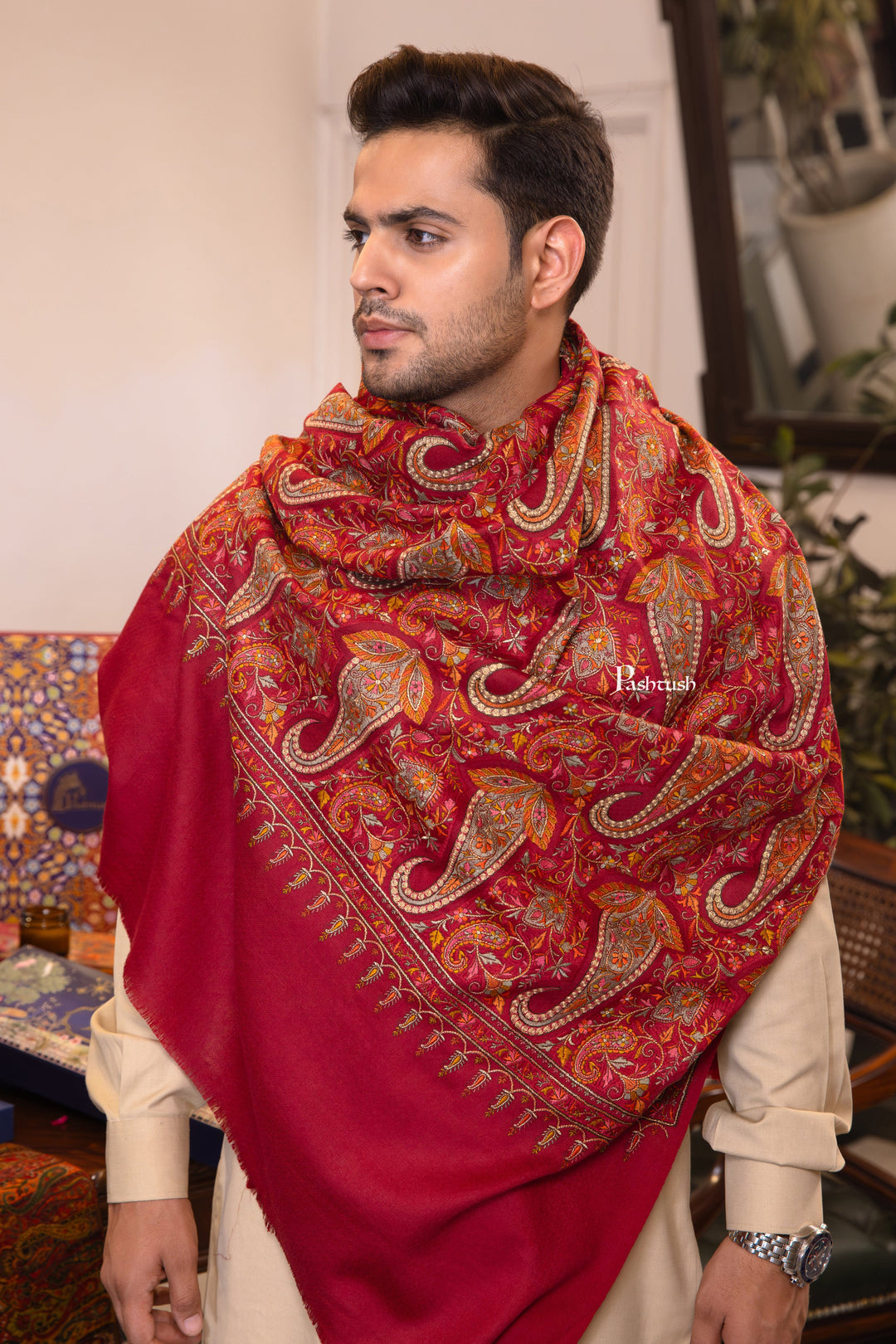 Pashtush India Mens Shawls Gents Shawl Pashtush Mens Extra Fine Wool Shawl, Paisley Design, Maroon
