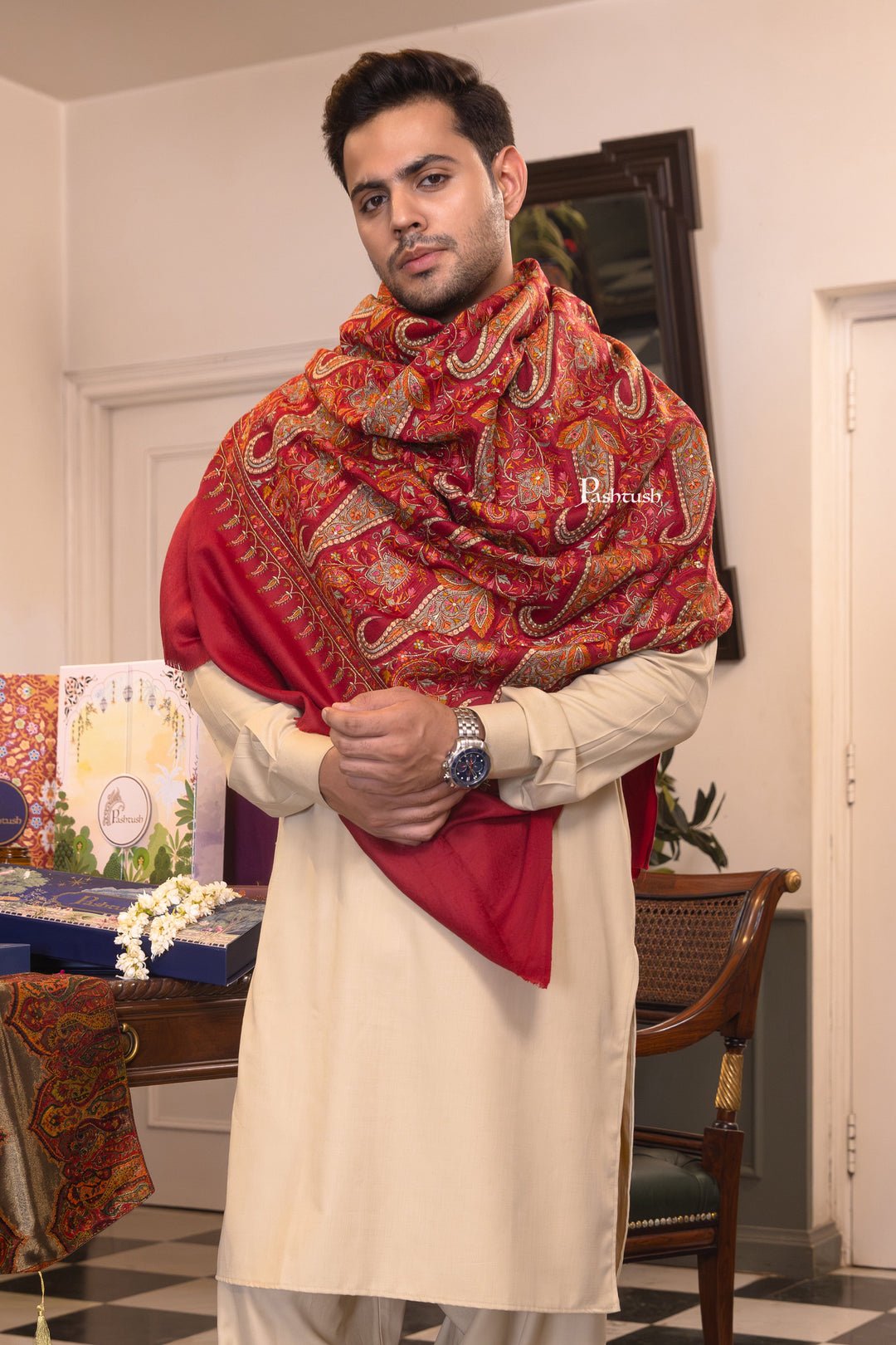 Pashtush India Mens Shawls Gents Shawl Pashtush Mens Extra Fine Wool Shawl, Paisley Design, Maroon