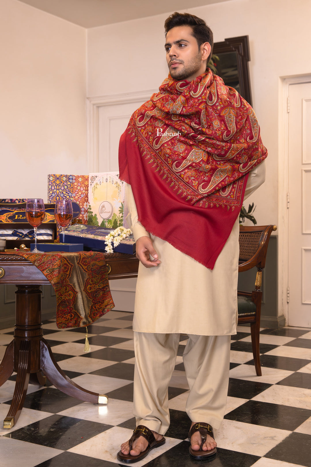 Pashtush India Mens Shawls Gents Shawl Pashtush Mens Extra Fine Wool Shawl, Paisley Design, Maroon
