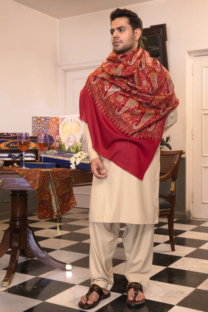 Pashtush India Mens Shawls Gents Shawl Pashtush Mens Extra Fine Wool Shawl, Paisley Design, Maroon