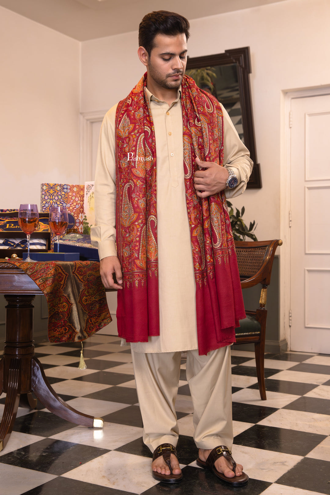 Pashtush India Mens Shawls Gents Shawl Pashtush Mens Extra Fine Wool Shawl, Paisley Design, Maroon