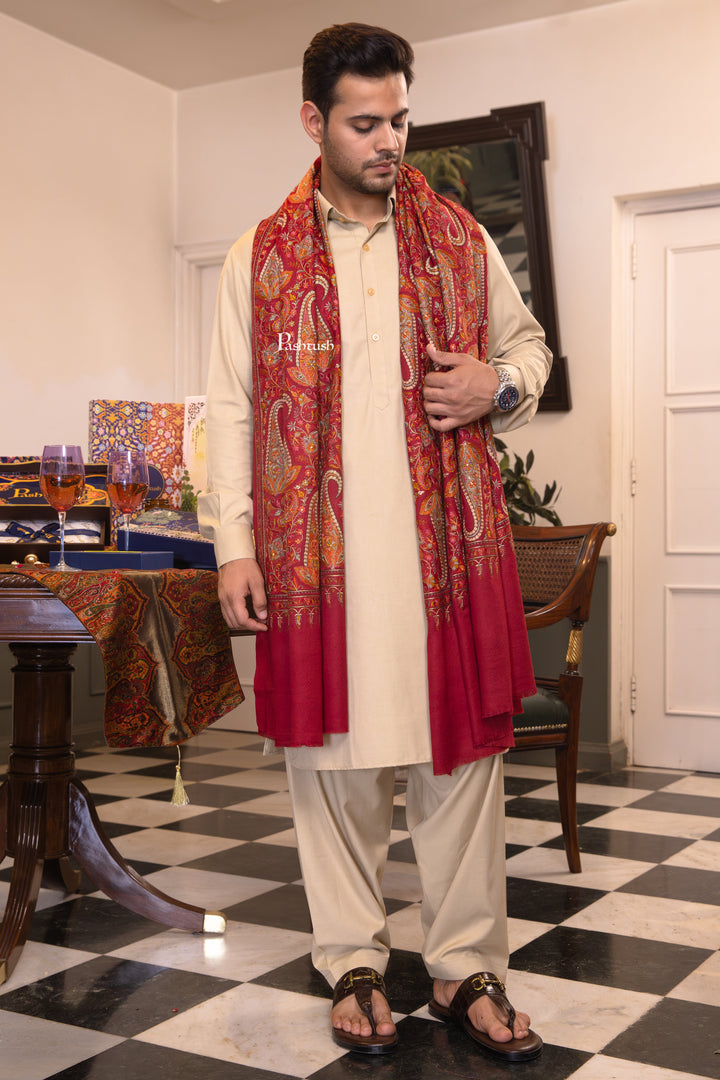 Pashtush India Mens Shawls Gents Shawl Pashtush Mens Extra Fine Wool Shawl, Paisley Design, Maroon