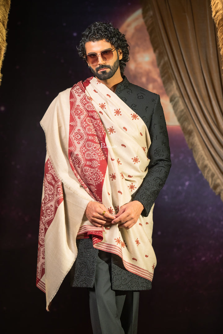 Pashtush India Mens Shawls Gents Shawl Pashtush Mens Extra Fine Wool Shawl, Paisley Embroidery Design, Beige
