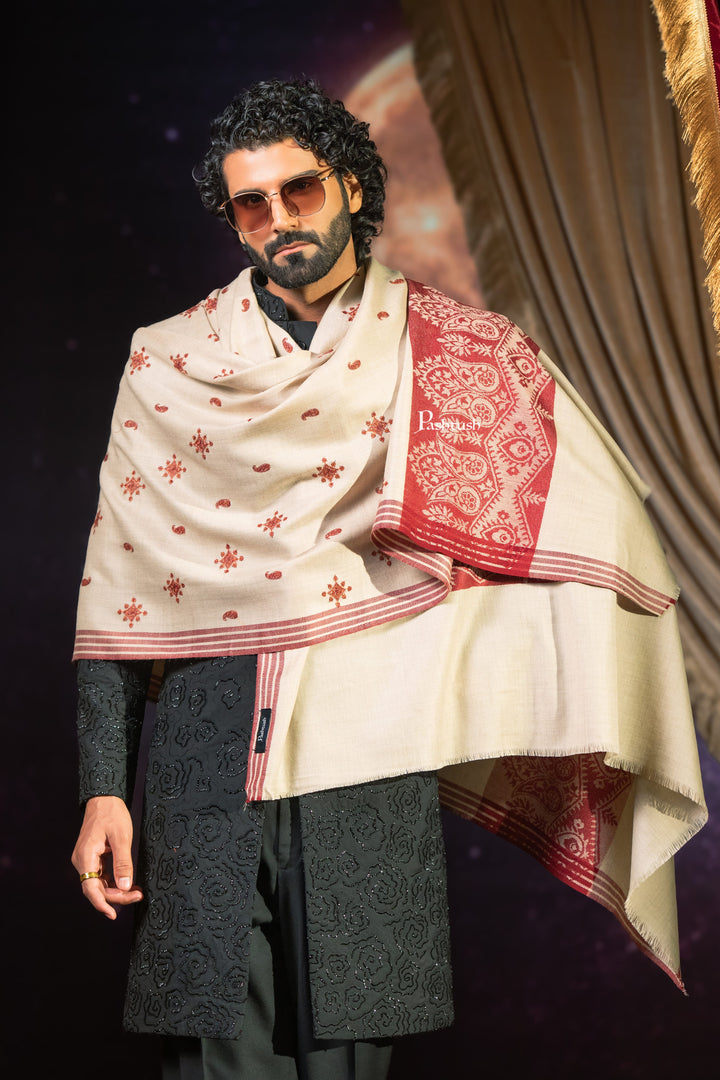 Pashtush India Mens Shawls Gents Shawl Pashtush Mens Extra Fine Wool Shawl, Paisley Embroidery Design, Beige
