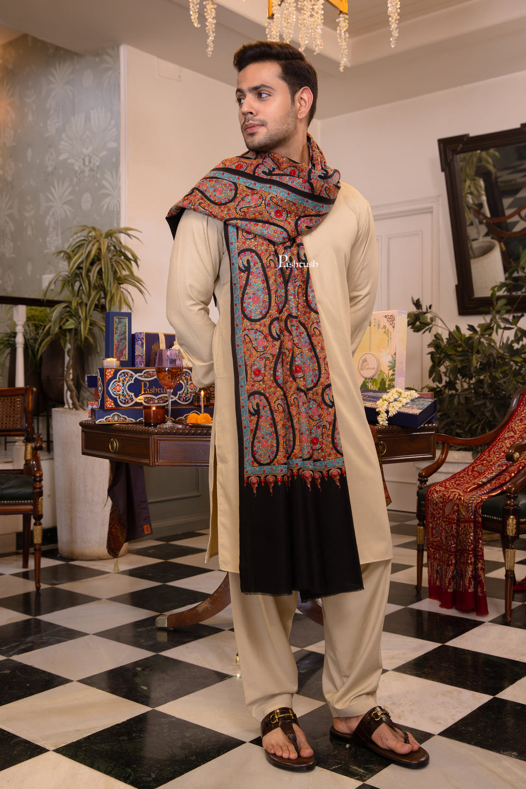 Pashtush India Mens Shawls Gents Shawl Pashtush Mens Extra Fine Wool Shawl, Papier Mache Design, Black