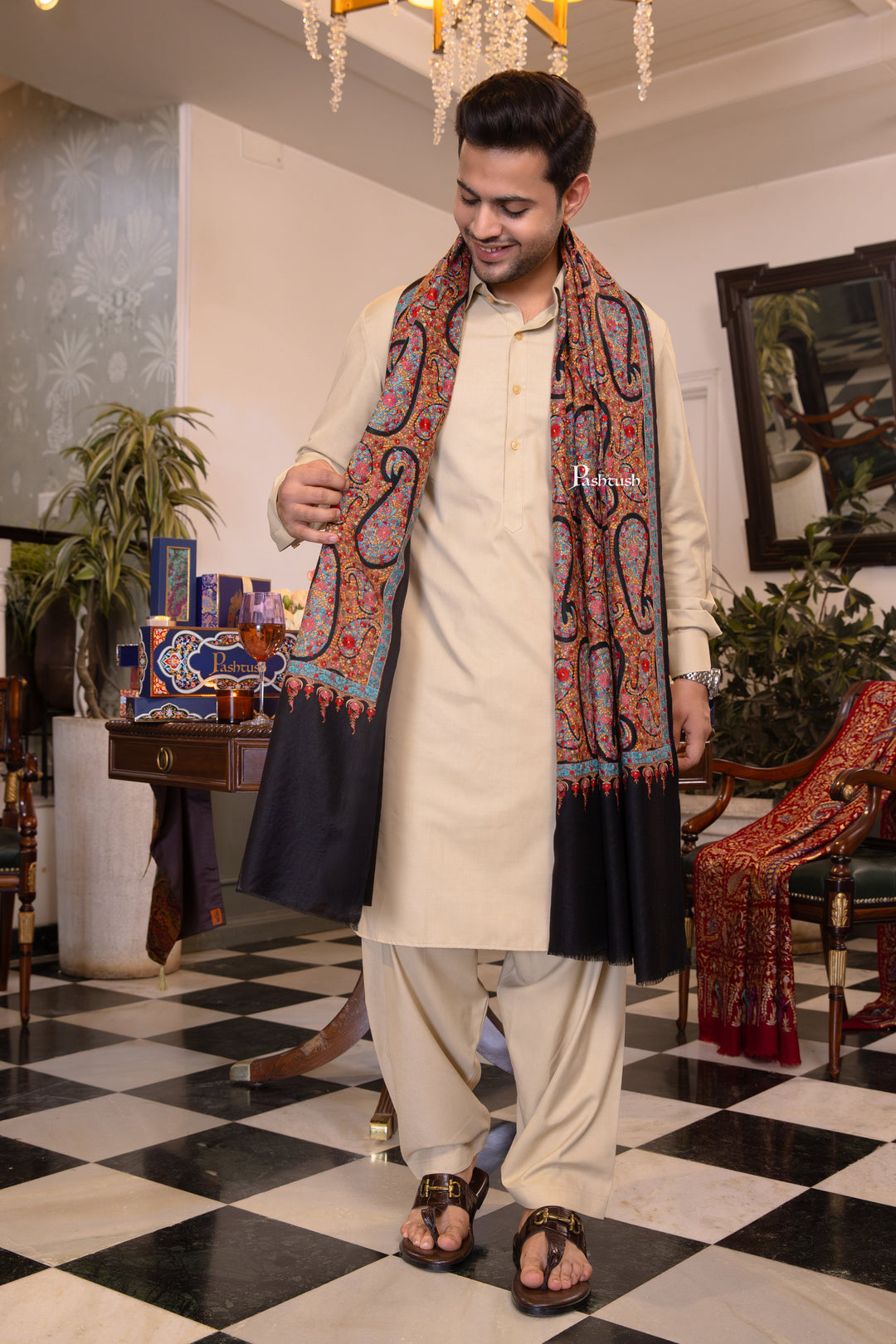 Pashtush India Mens Shawls Gents Shawl Pashtush Mens Extra Fine Wool Shawl, Papier Mache Design, Black