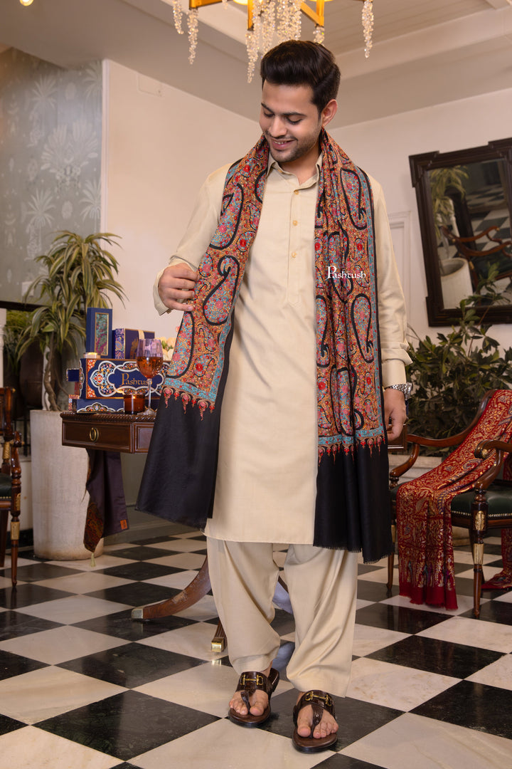 Pashtush India Mens Shawls Gents Shawl Pashtush Mens Extra Fine Wool Shawl, Papier Mache Design, Black