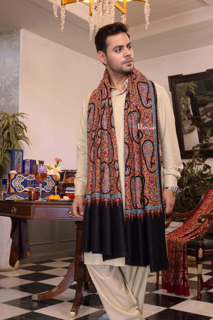 Pashtush India Mens Shawls Gents Shawl Pashtush Mens Extra Fine Wool Shawl, Papier Mache Design, Black