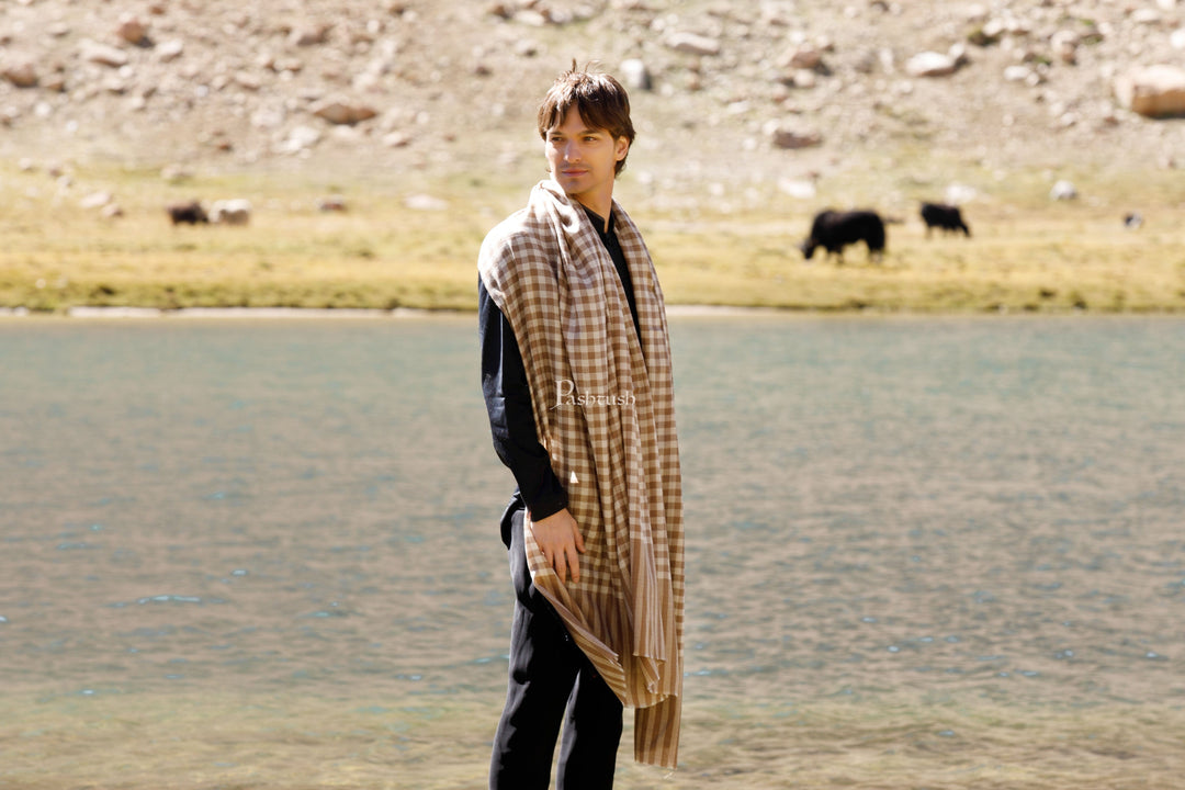Pashtush India Mens Shawls Gents Shawl Pashtush Mens Extra Fine Wool Shawl, Soft Checkered Weave Design, Taupe