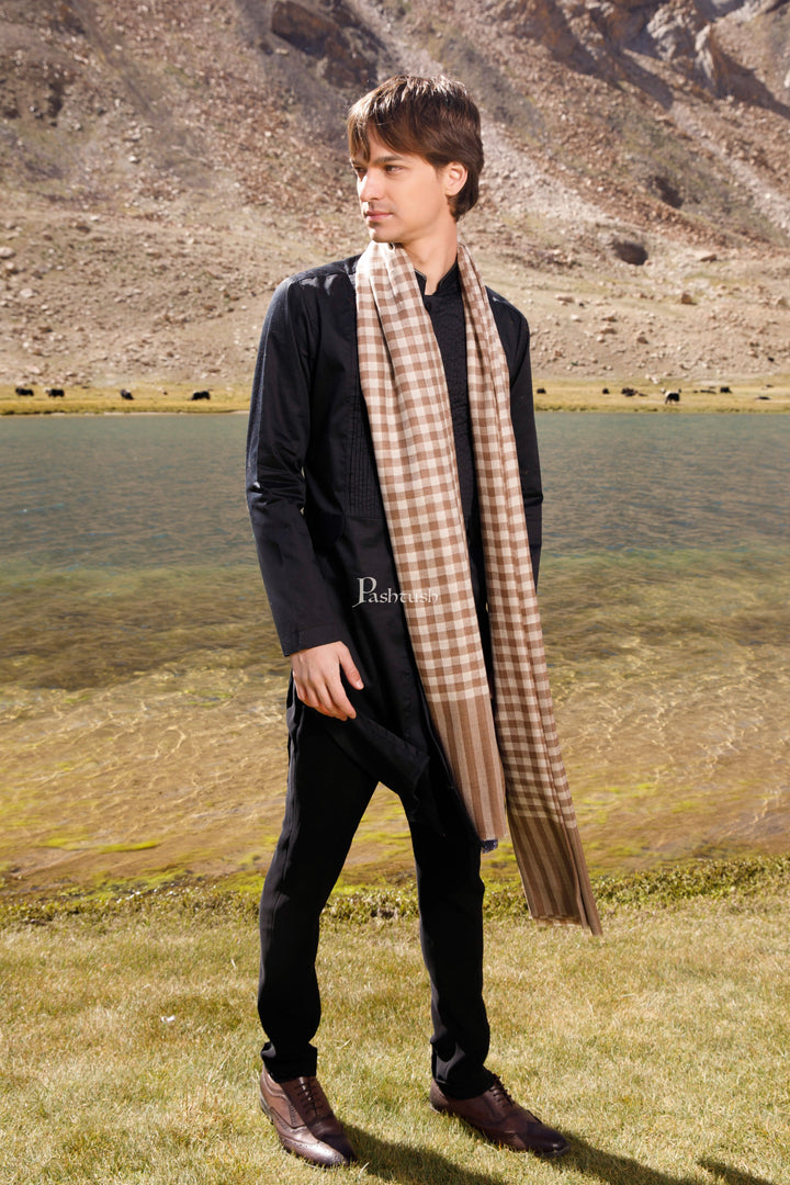 Pashtush India Mens Shawls Gents Shawl Pashtush Mens Extra Fine Wool Shawl, Soft Checkered Weave Design, Taupe