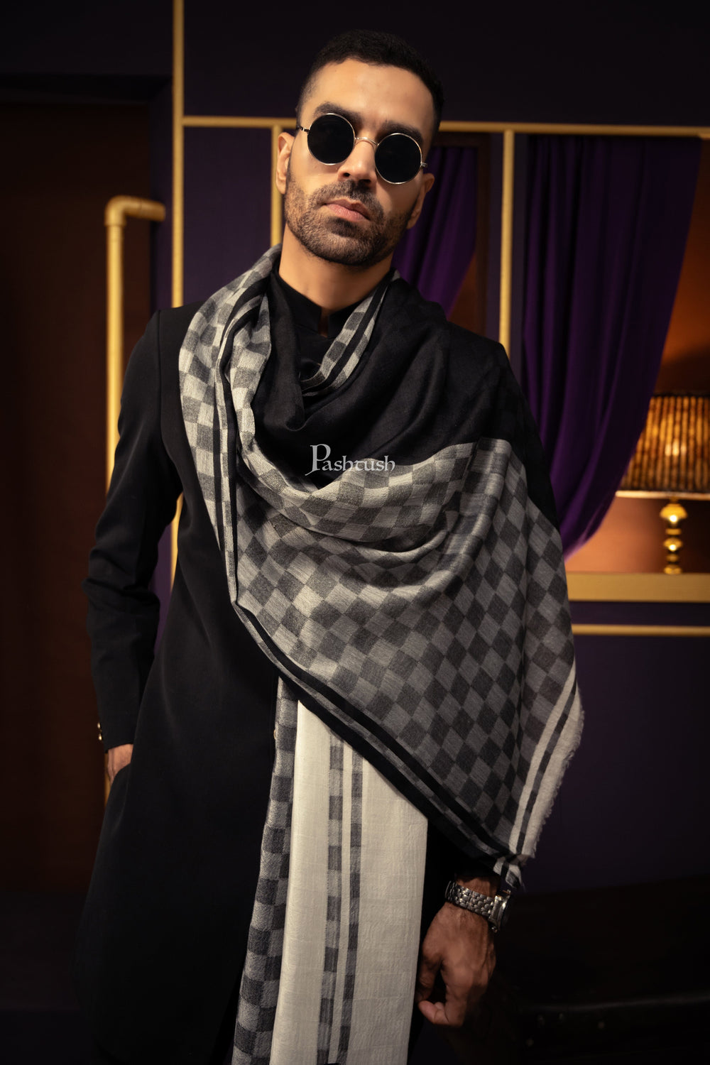 Pashtush India Mens Scarves Stoles and Mufflers Pashtush Mens Extra Fine Wool Stole, Big Checkerd Design, Black And Grey