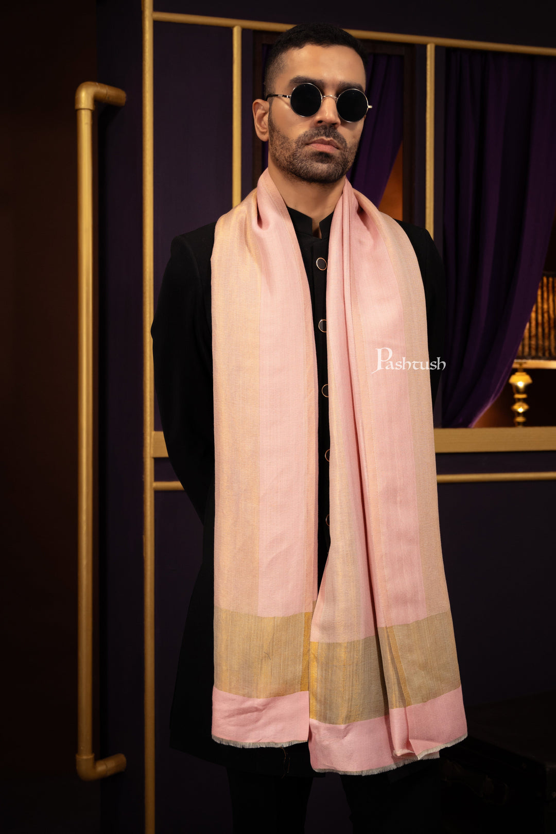 Pashtush India Mens Scarves Stoles and Mufflers Pashtush Mens Extra Fine Wool Stole, Border Twilight Collection Design, Pink