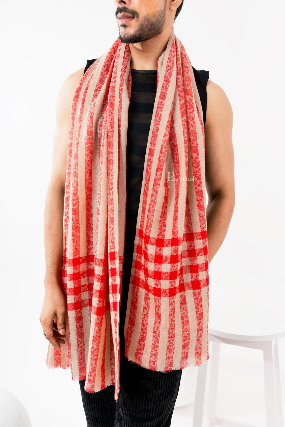 Pashtush India Mens Scarves Stoles and Mufflers Pashtush Mens Extra Fine Wool Stole, Check Stripe Design, Maroon